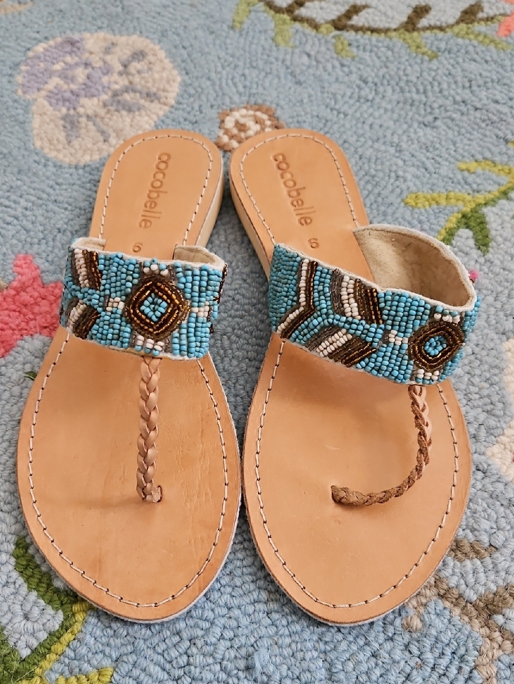 Cocobelle Native Turquoise Beaded Leather Thong Sandals
